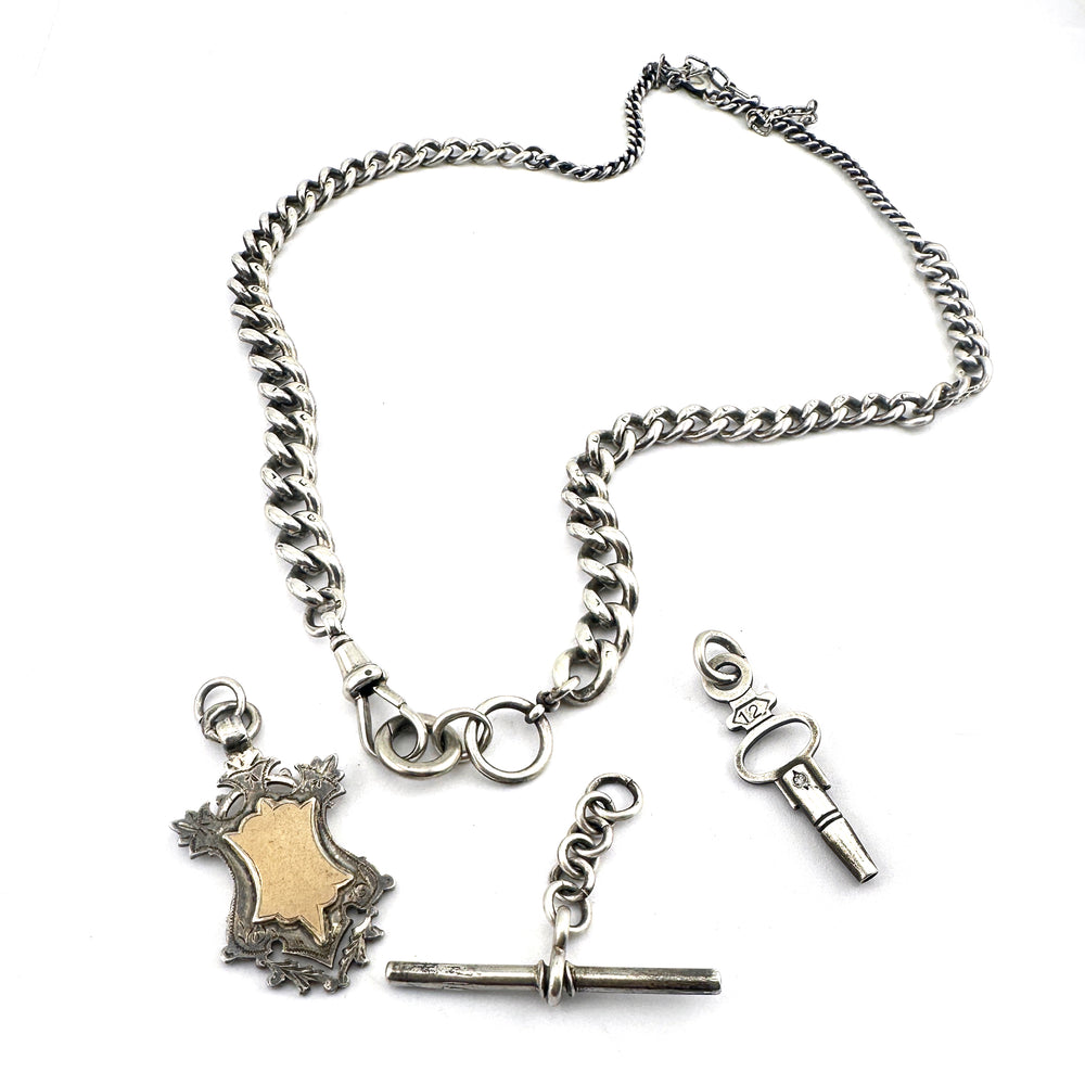 
                  
                    1890s Watch Chain Charm Keeper Necklace - Shield Fob + Diamond Key - Silver
                  
                