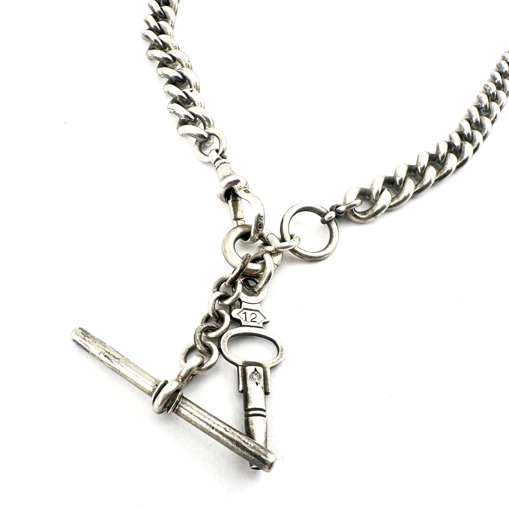 
                  
                    1890s Watch Chain Charm Keeper Necklace - Shield Fob + Diamond Key - Silver
                  
                