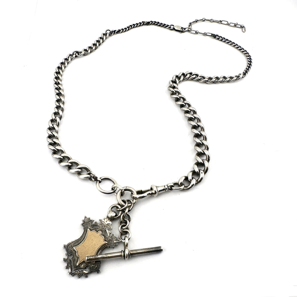
                  
                    1890s Watch Chain Charm Keeper Necklace - Shield Fob + Diamond Key - Silver
                  
                