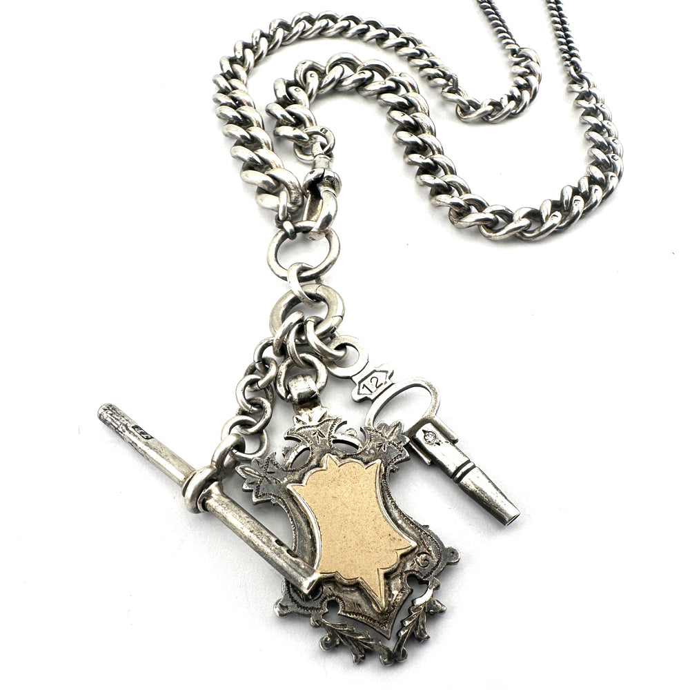 1890s Watch Chain Charm Keeper Necklace - Shield Fob + Diamond Key - Silver
