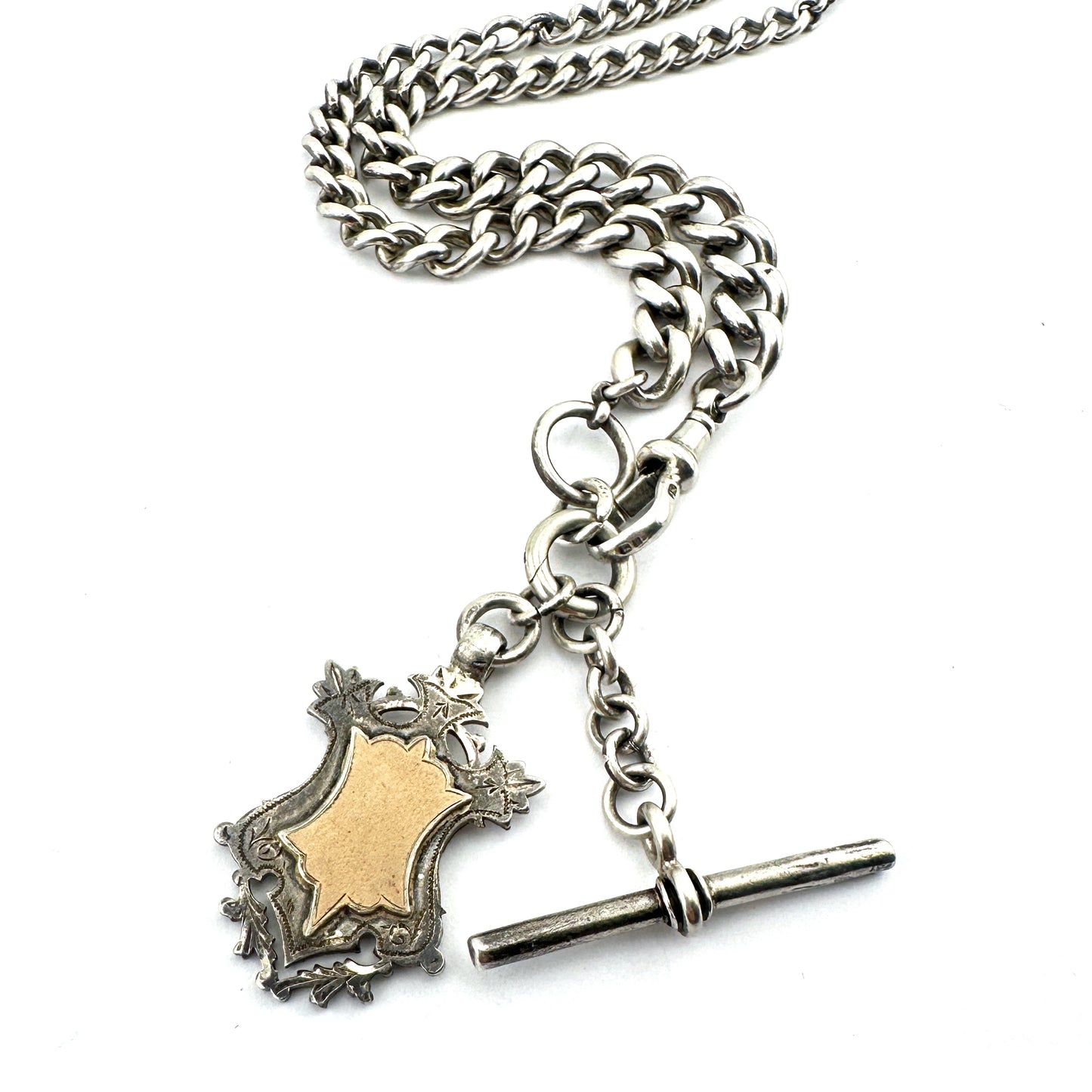 
                  
                    1890s Watch Chain Charm Keeper Necklace - Shield Fob + Diamond Key - Silver
                  
                