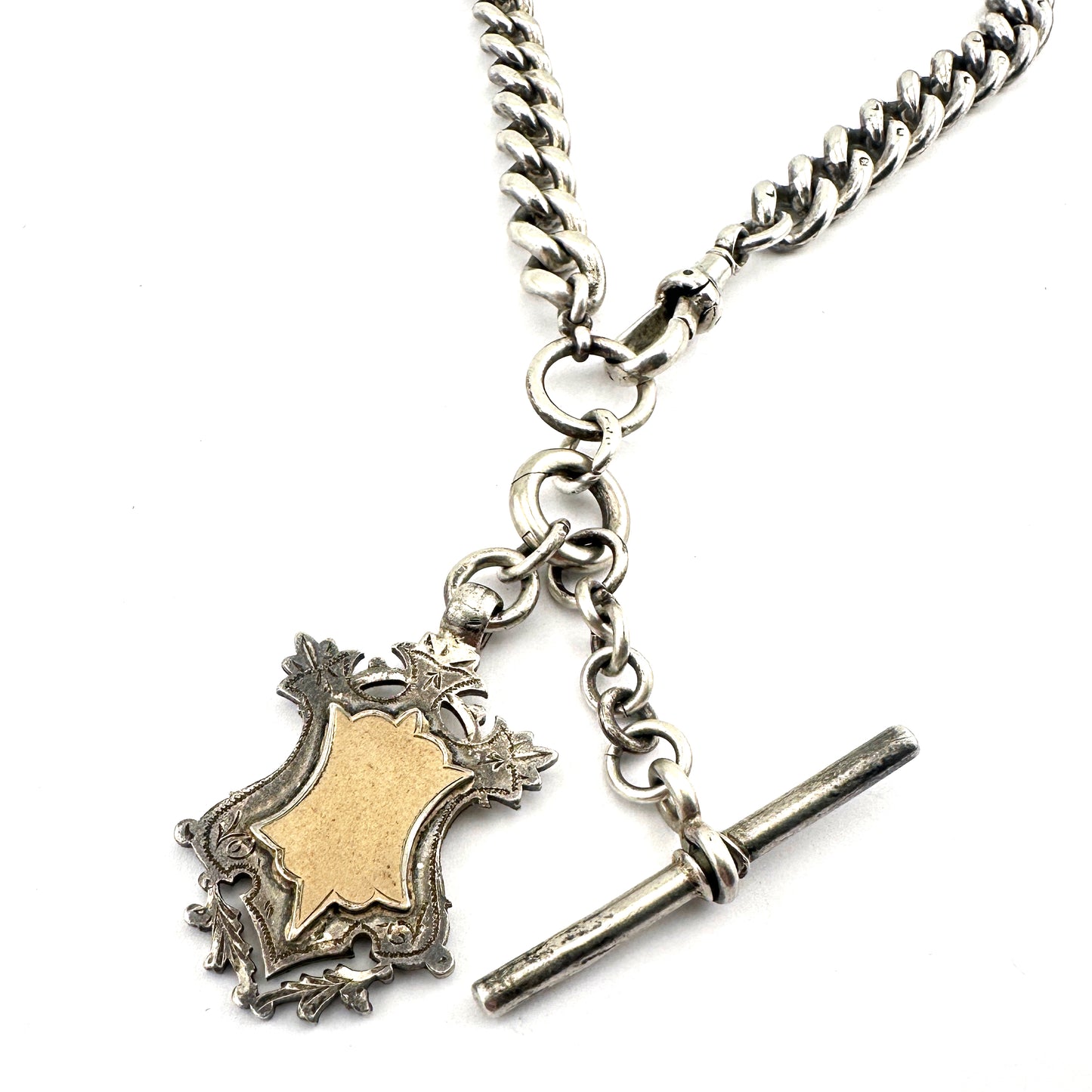 
                  
                    1890s Watch Chain Charm Keeper Necklace - Shield Fob + Diamond Key - Silver
                  
                