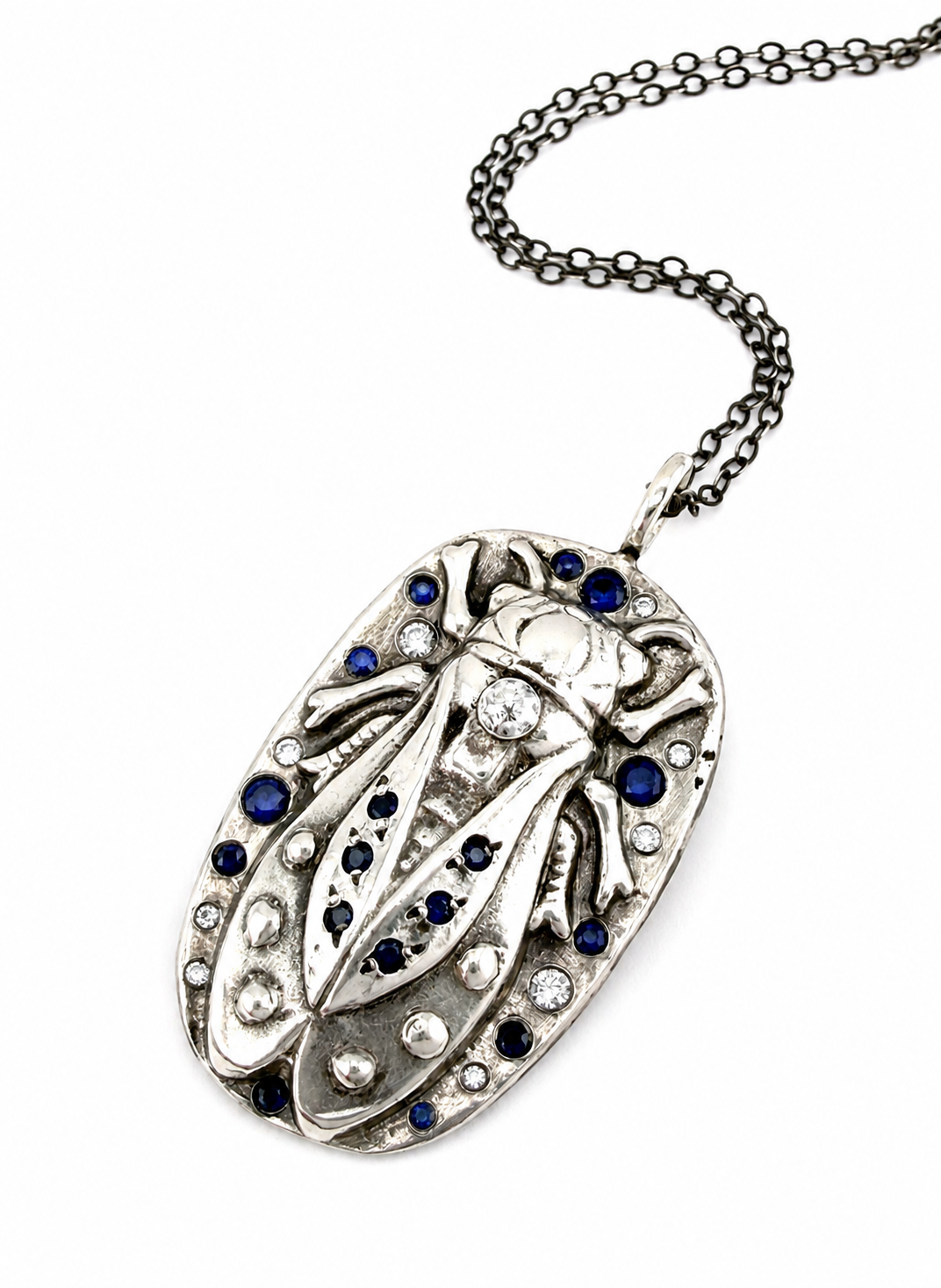 
                  
                    CICADA Luxe Necklace 26  Blue Sapphires + White Diamonds in Silver - Lapis Charm Keeper Chain
                  
                