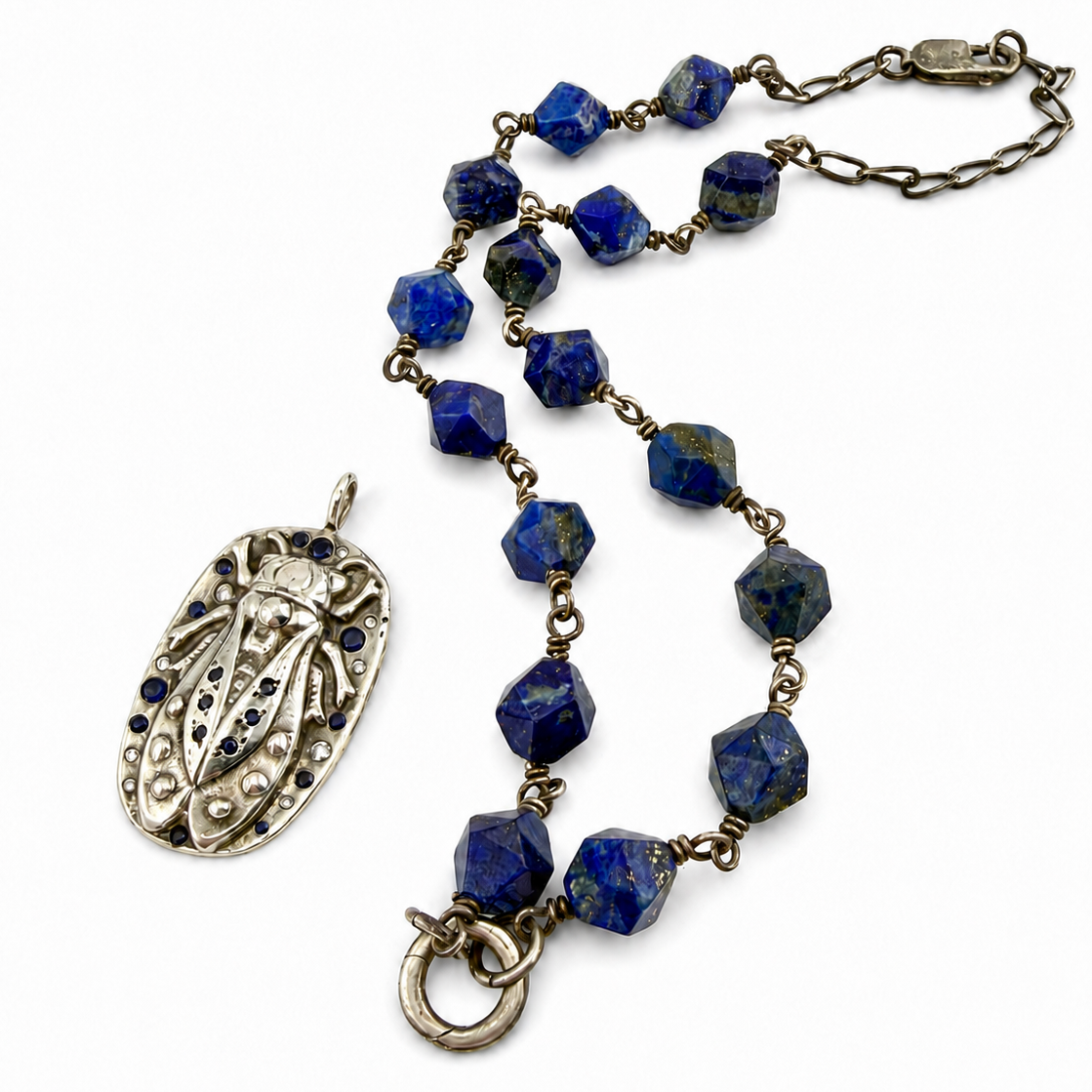 
                  
                    CICADA Luxe Necklace 26  Blue Sapphires + White Diamonds in Silver - Lapis Charm Keeper Chain
                  
                