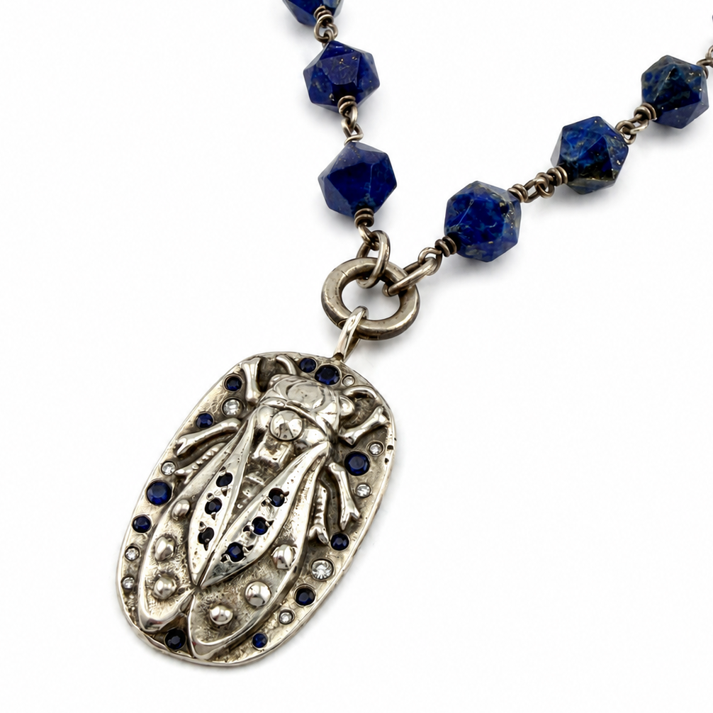 
                  
                    CICADA Luxe Necklace 26  Blue Sapphires + White Diamonds in Silver - Lapis Charm Keeper Chain
                  
                