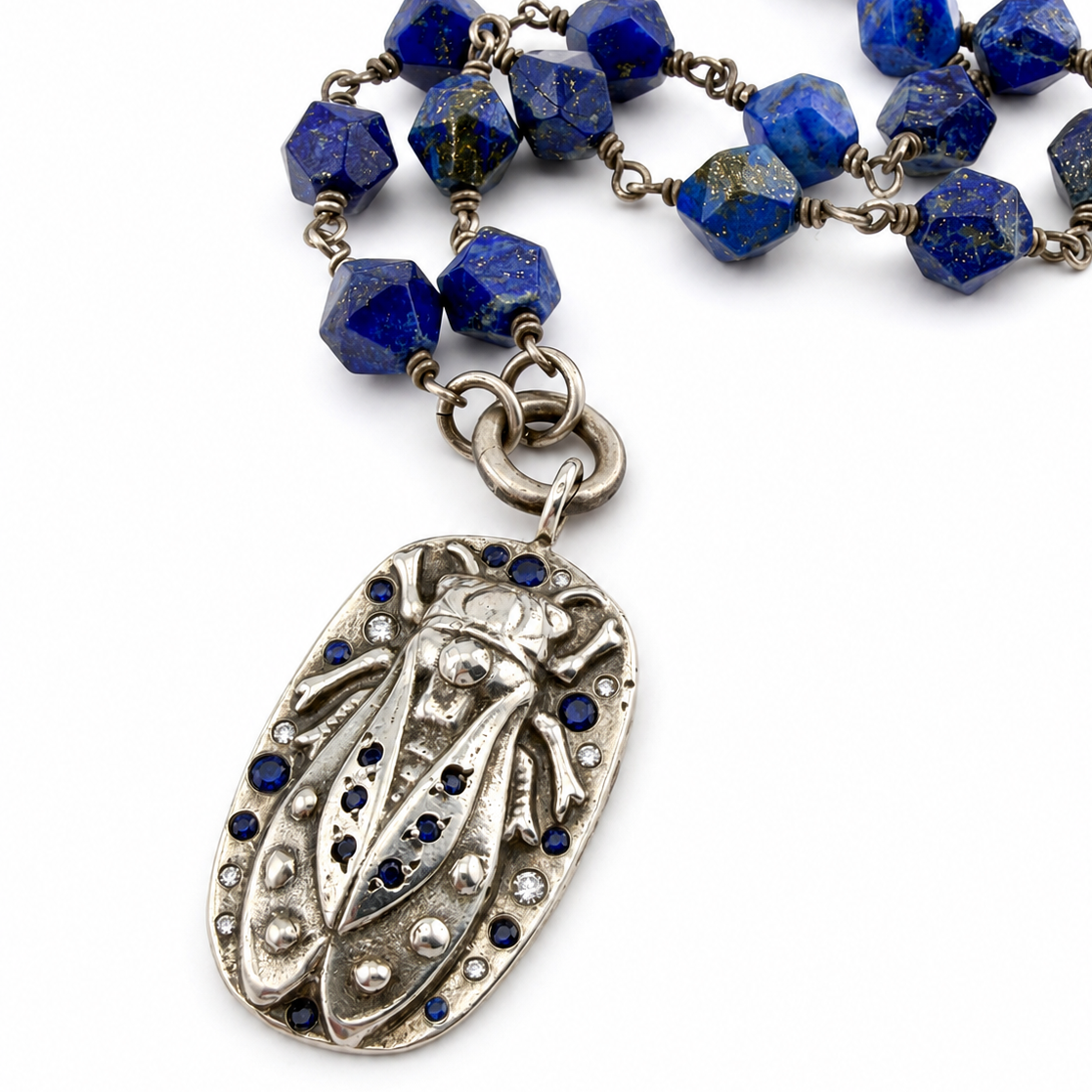 
                  
                    CICADA Luxe Necklace 26  Blue Sapphires + White Diamonds in Silver - Lapis Charm Keeper Chain
                  
                