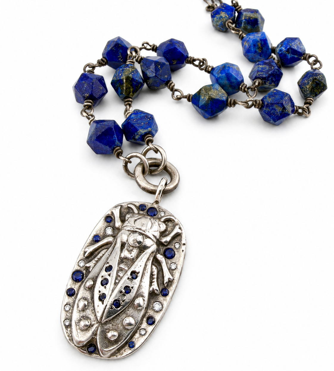 
                  
                    CICADA Luxe Necklace 26  Blue Sapphires + White Diamonds in Silver - Lapis Charm Keeper Chain
                  
                