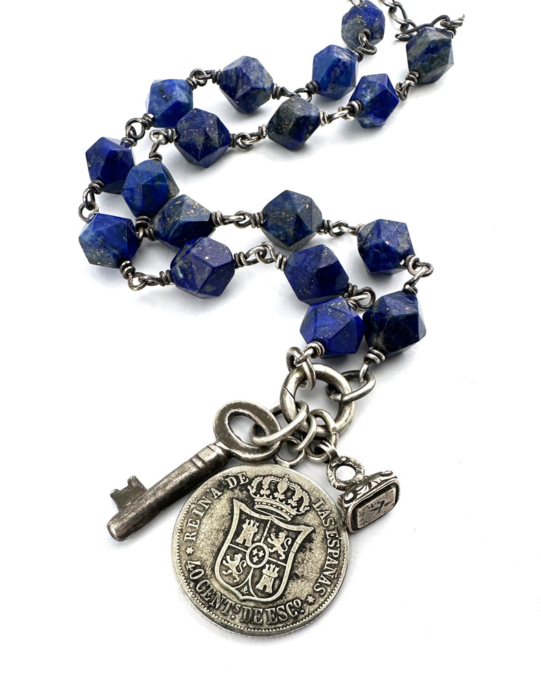 
                  
                    Vintage Coin Medallion Blue Sapphire Charm Keeper Necklace with Star Cut Lapis
                  
                