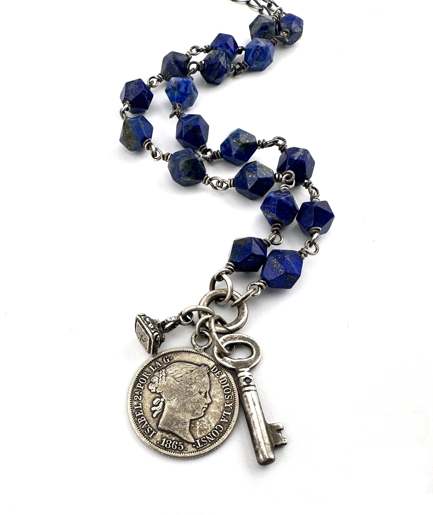 
                  
                    Vintage Coin Medallion Blue Sapphire Charm Keeper Necklace with Star Cut Lapis
                  
                