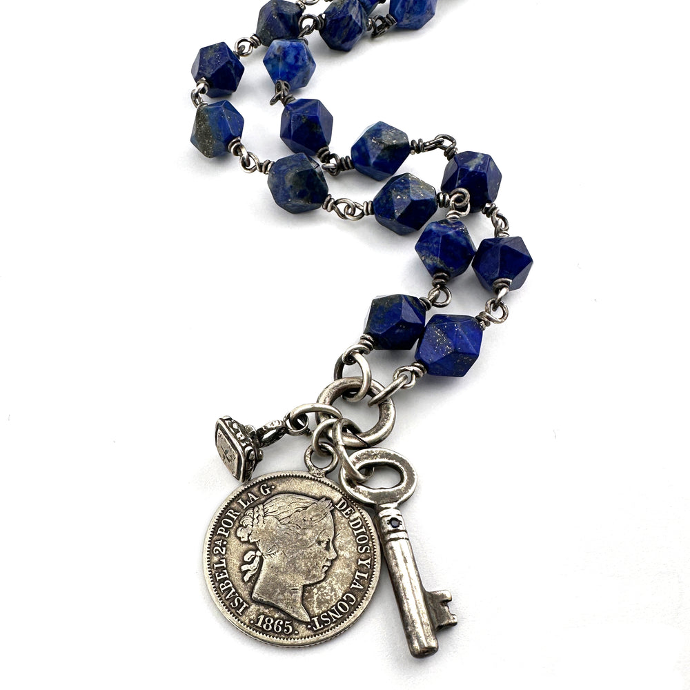 
                  
                    Vintage Coin Medallion Blue Sapphire Charm Keeper Necklace with Star Cut Lapis
                  
                