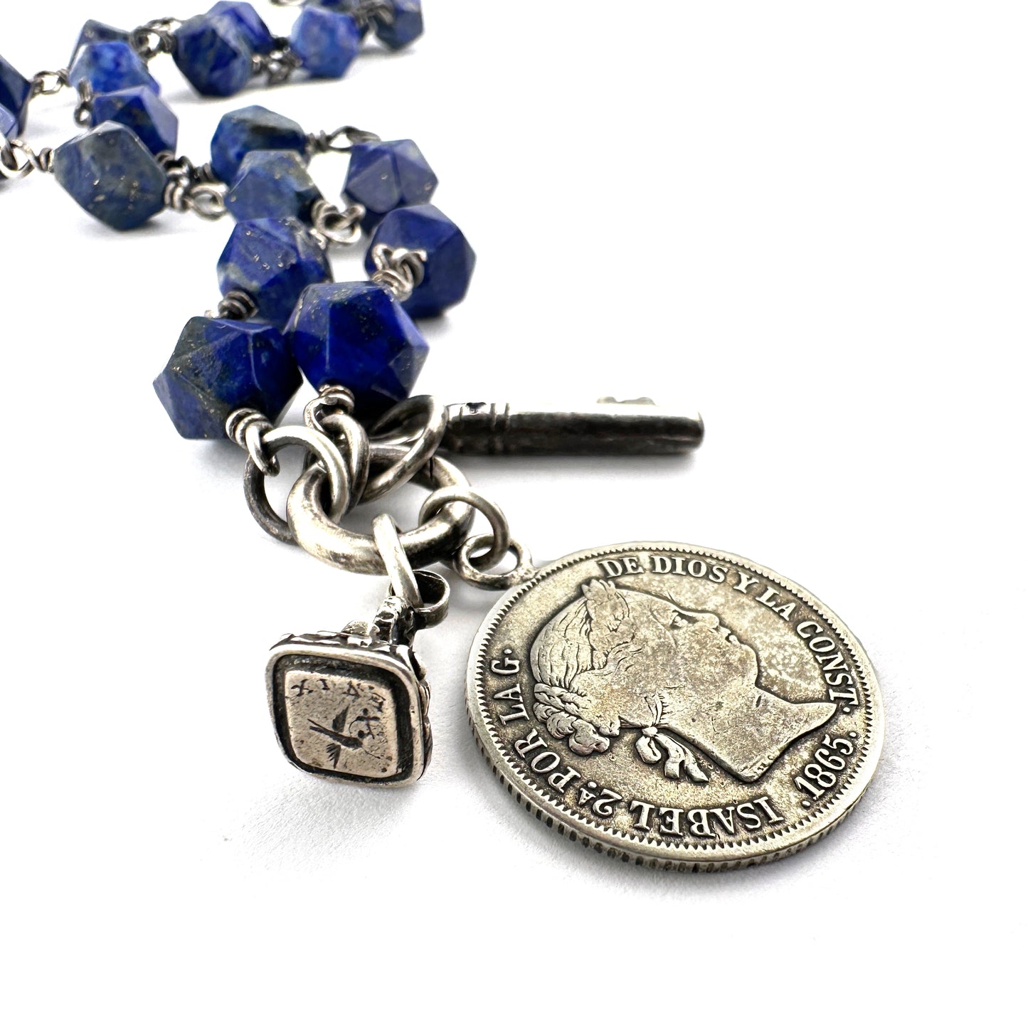 
                  
                    Vintage Coin Medallion Blue Sapphire Charm Keeper Necklace with Star Cut Lapis
                  
                