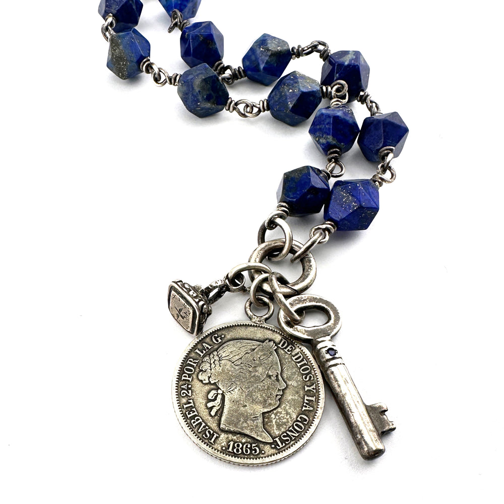Vintage Coin Medallion Blue Sapphire Charm Keeper Necklace with Star Cut Lapis