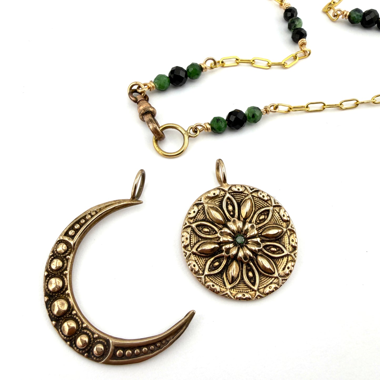 
                  
                    Collector's Charm Keeper Necklace: Black Spinel & Green Ruby Zoisite Gold-Filled Chain
                  
                
