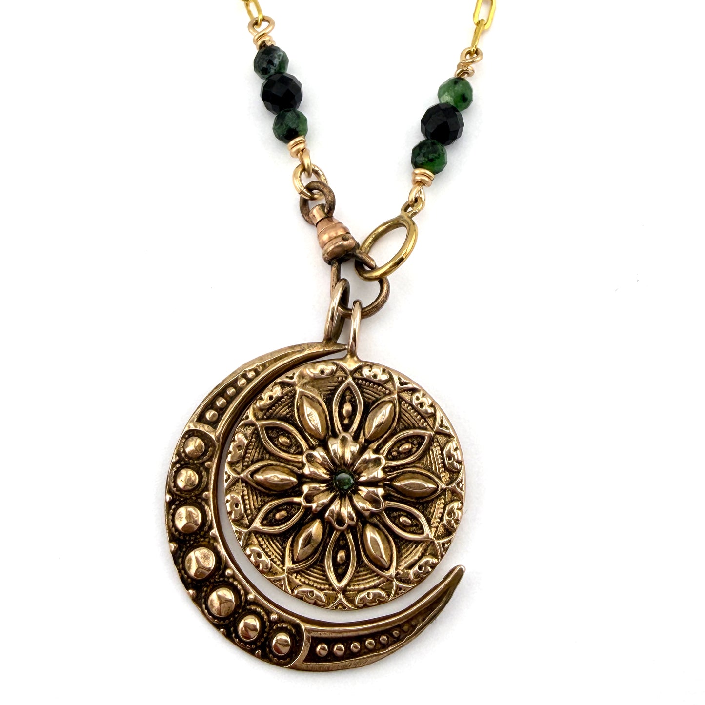 
                  
                    RADIANCE MOON Necklace - Bronze with Green Diamond and Black Spinel
                  
                