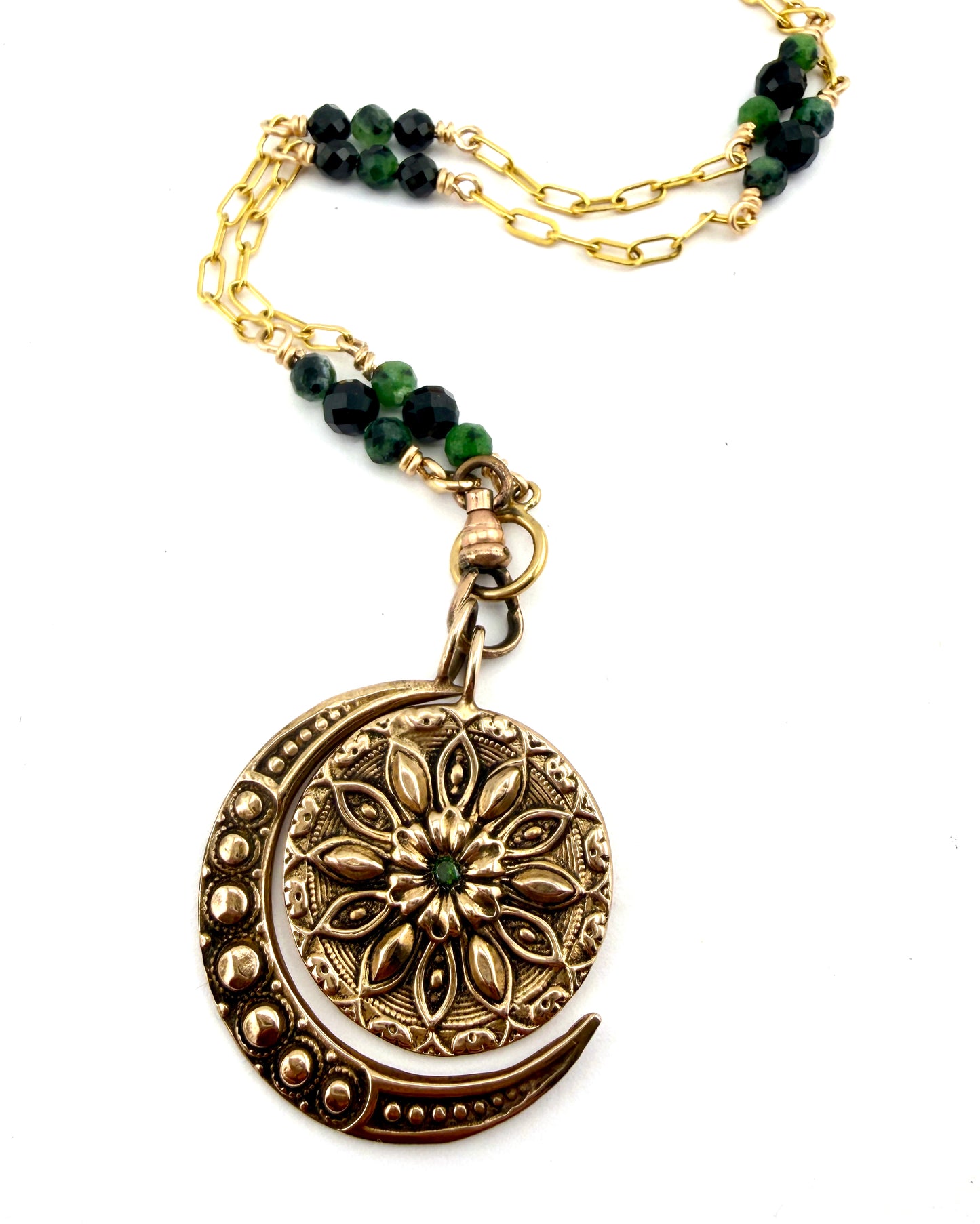 
                  
                    RADIANCE MOON Necklace - Bronze with Green Diamond and Black Spinel
                  
                