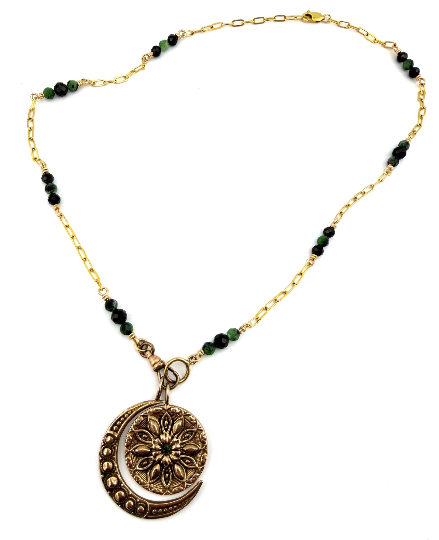 
                  
                    RADIANCE MOON Necklace - Bronze with Green Diamond and Black Spinel
                  
                