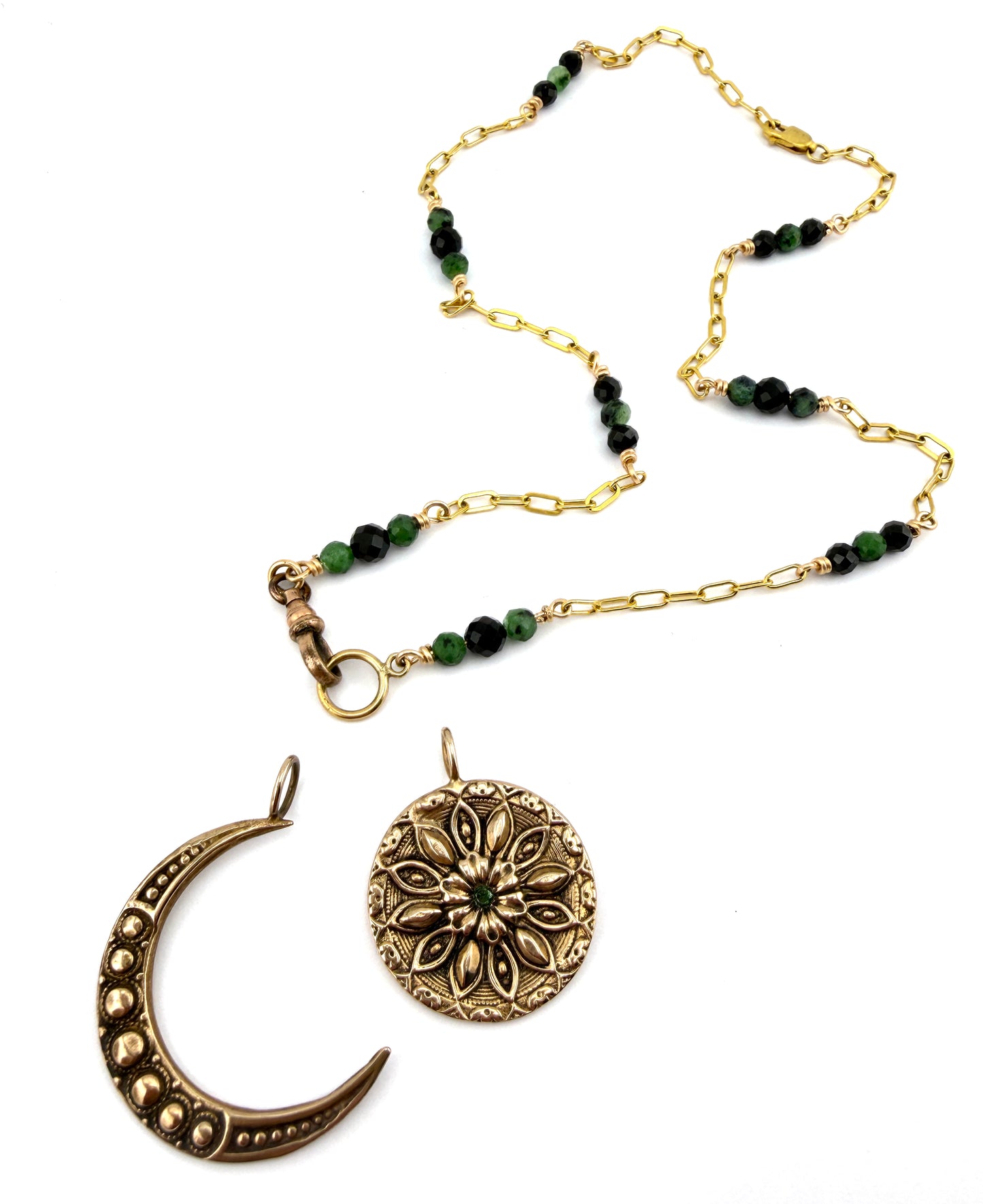 
                  
                    RADIANCE MOON Necklace - Bronze with Green Diamond and Black Spinel
                  
                