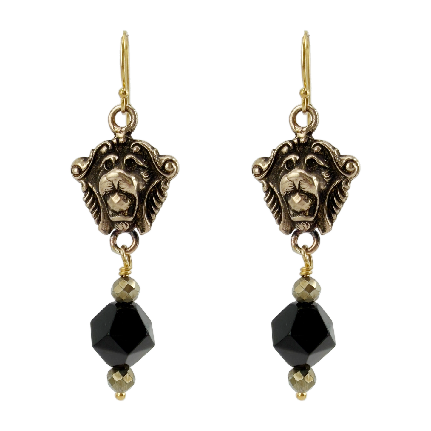 
                  
                    Lion Door Knocker Earrings in Bronze with Onyx and Pyrite
                  
                