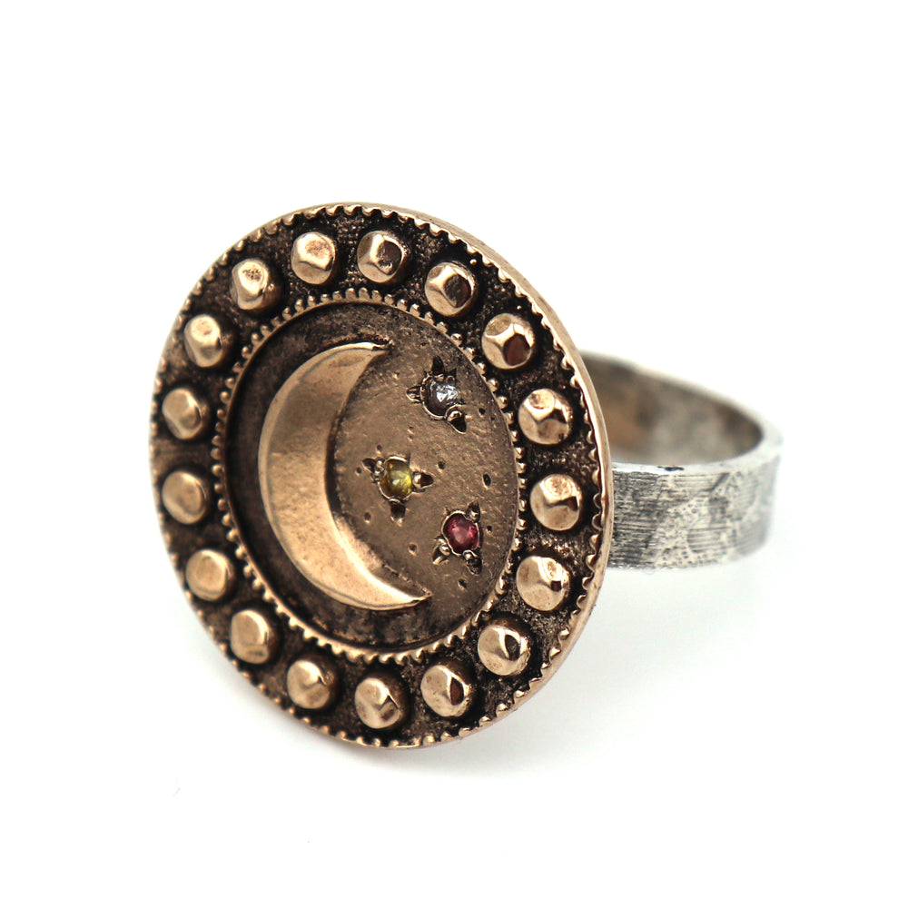 LARGE MOON Sunrise Sapphire Ring - MIXED METAL - size 7 3/4