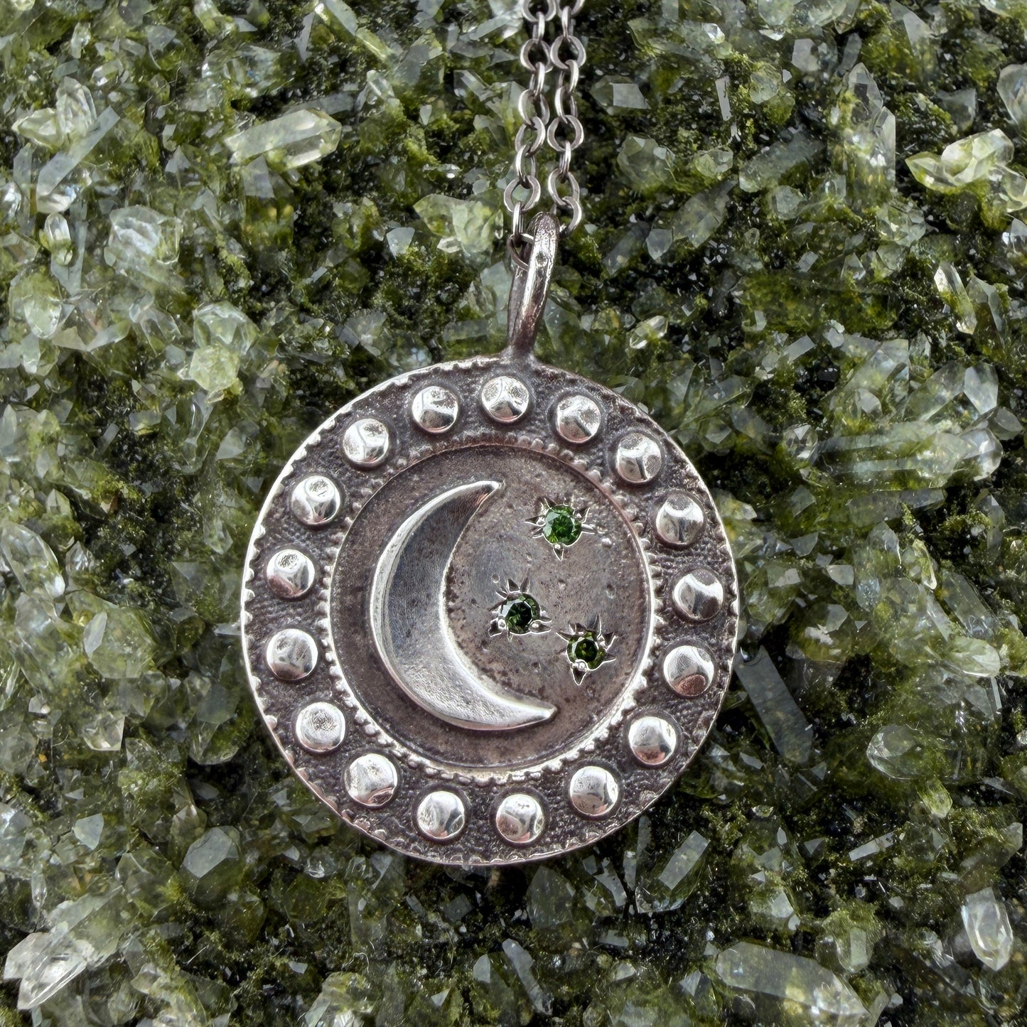 
                  
                    Large Crescent MOON Necklace - Silver w/ Green Diamonds
                  
                