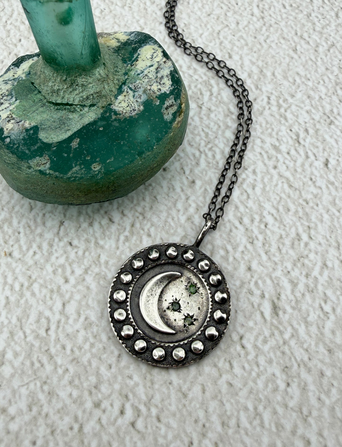 
                  
                    Large Crescent MOON Necklace - Silver w/ Green Diamonds
                  
                