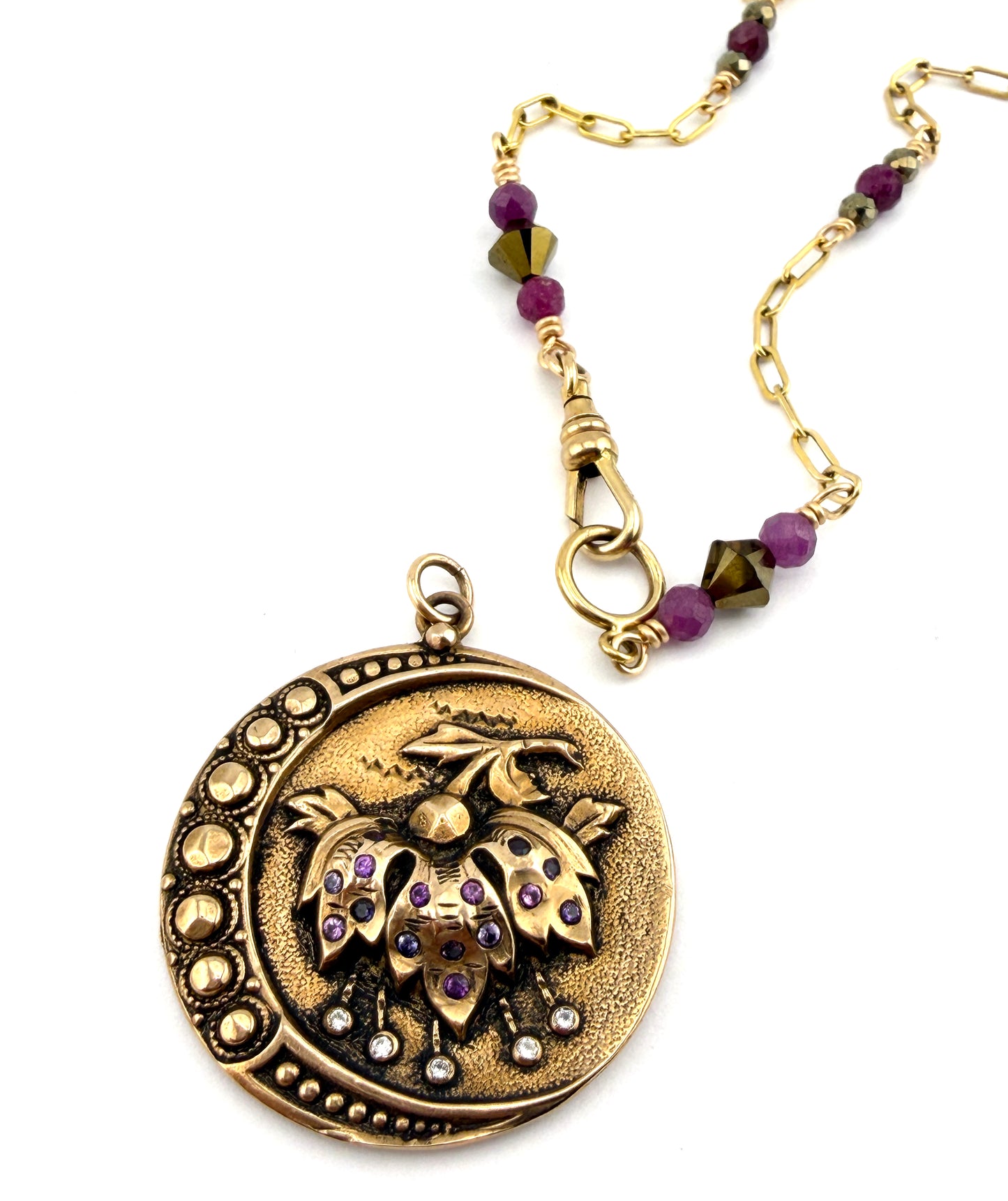 
                  
                    PERSEPHONE Necklace - Pink Sapphires and White Diamonds in Bronze  with gemstone chain
                  
                