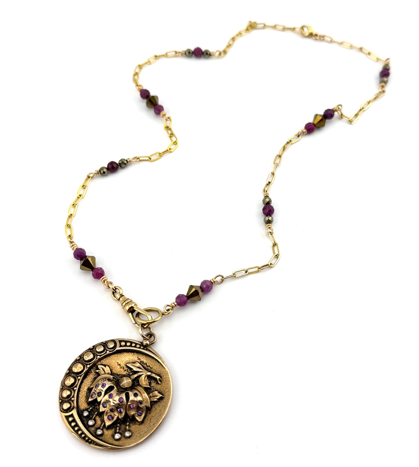 
                  
                    PERSEPHONE Necklace - Pink Sapphires and White Diamonds in Bronze  with gemstone chain
                  
                