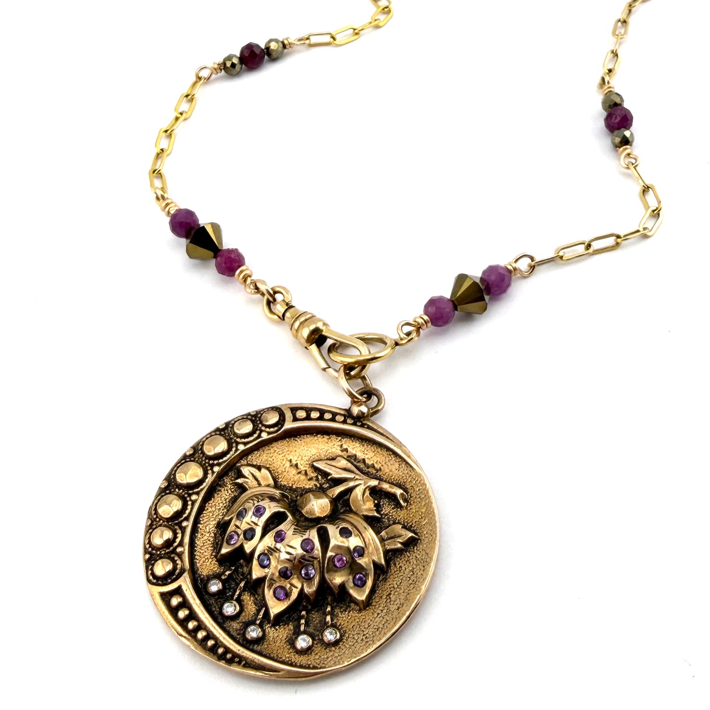 
                  
                    PERSEPHONE Necklace - Pink Sapphires and White Diamonds in Bronze  with gemstone chain
                  
                