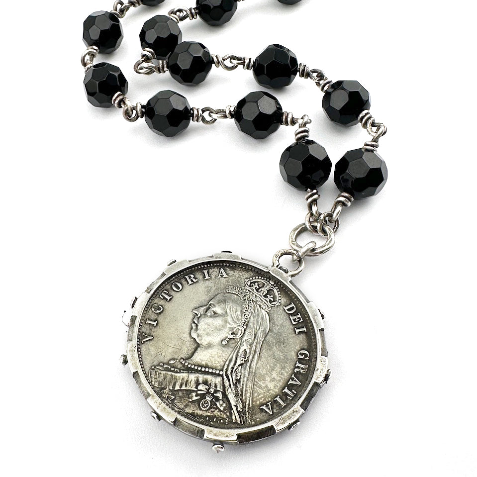 1888 Queen Victoria Half Crown Necklace with Onyx