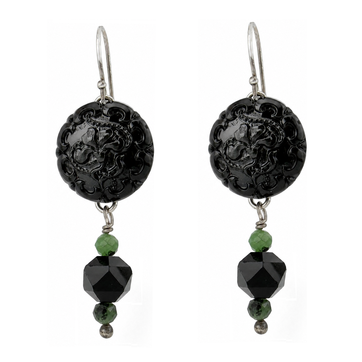 
                  
                    Bohemian Glass Button Drop Earrings with Onyx and Ruby Zoisite
                  
                