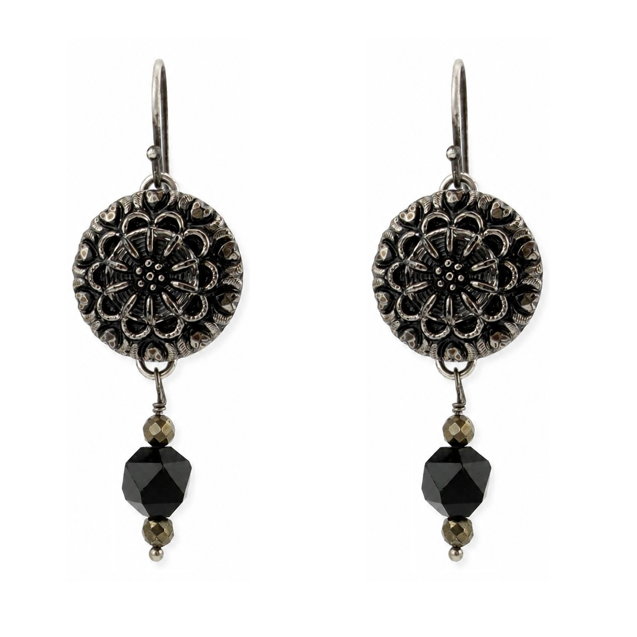 
                  
                    Bohemian Glass Button Drop Earrings with Onyx and Pyrite
                  
                