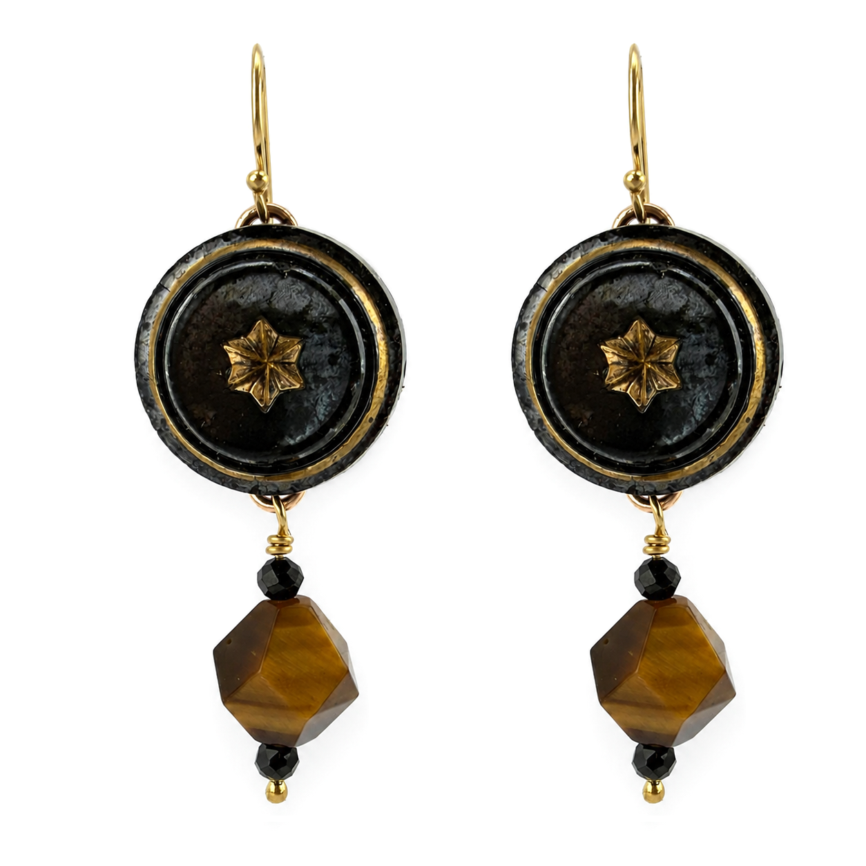 
                  
                    Bohemian Star Button Drop Earrings with Tigers Eye and Black Spinel
                  
                