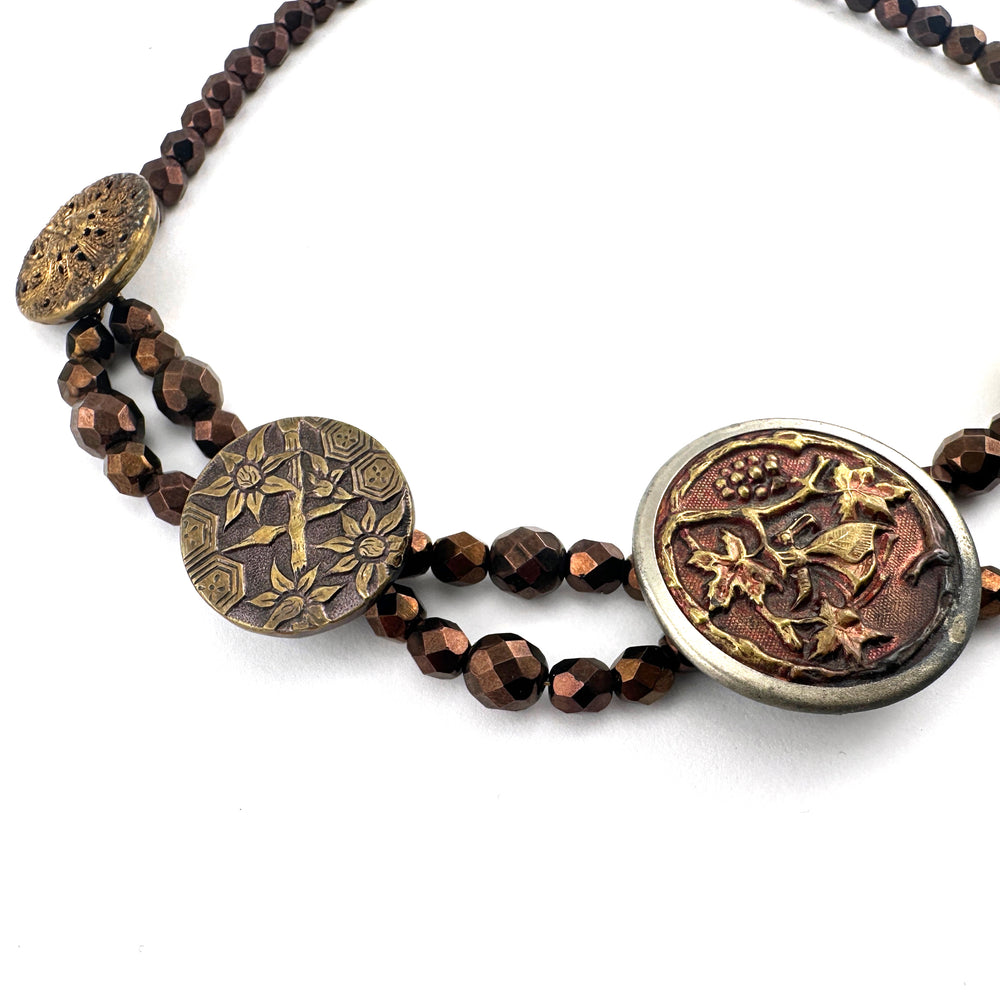 
                  
                    Butterfly Garden Victorian Button Necklace - Copper Bohemian Glass
                  
                