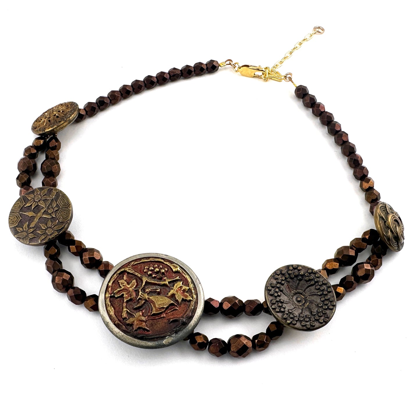 
                  
                    Butterfly Garden Victorian Button Necklace - Copper Bohemian Glass
                  
                