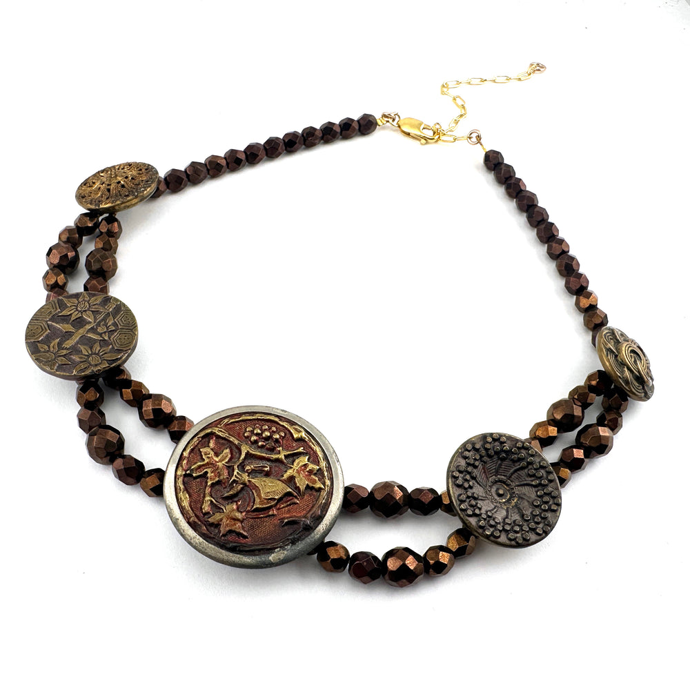 Butterfly Garden Victorian Button Necklace - Copper Bohemian Glass