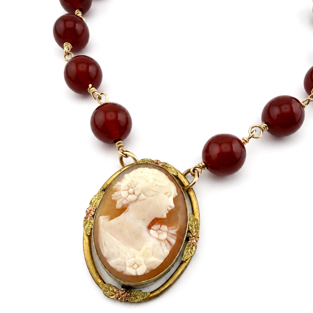
                  
                    Antique Shell Cameo Choker with Carnelian Gemstone
                  
                