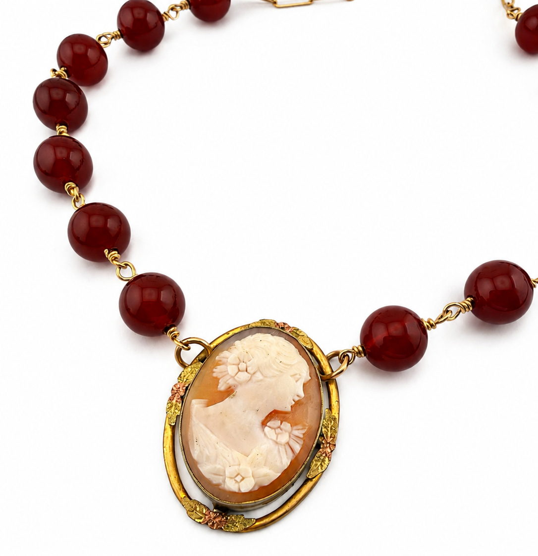 
                  
                    Antique Shell Cameo Choker with Carnelian Gemstone
                  
                