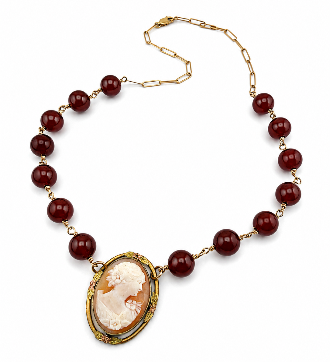 
                  
                    Antique Shell Cameo Choker with Carnelian Gemstone
                  
                