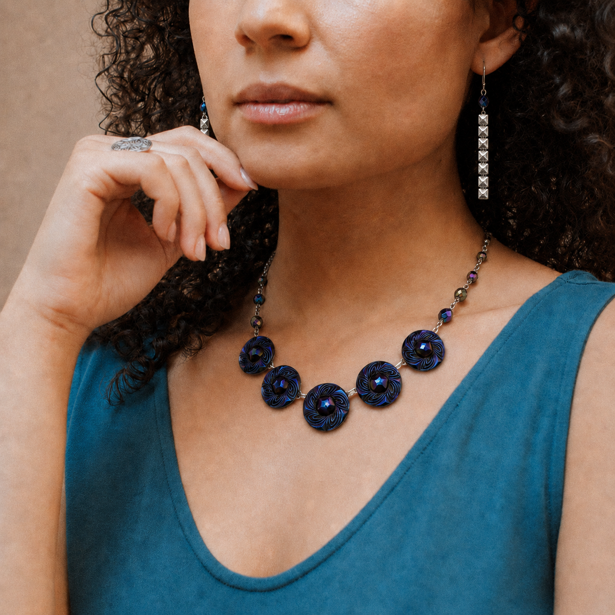
                  
                    DEEP IRIS Bohemian Carnival Button Statement Necklace
                  
                