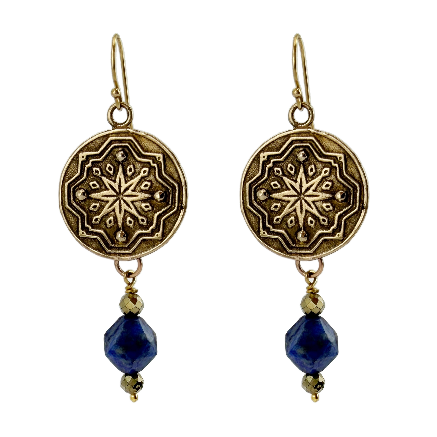 
                  
                    Compass Rose Earrings in Bronze with Lapis Lazuli
                  
                