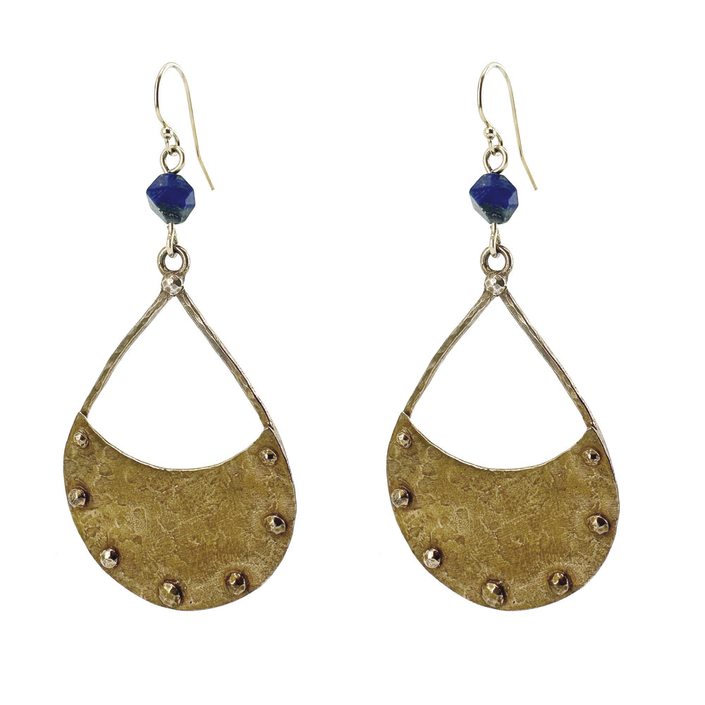 Pair of gold earrings with blue beads on a white background