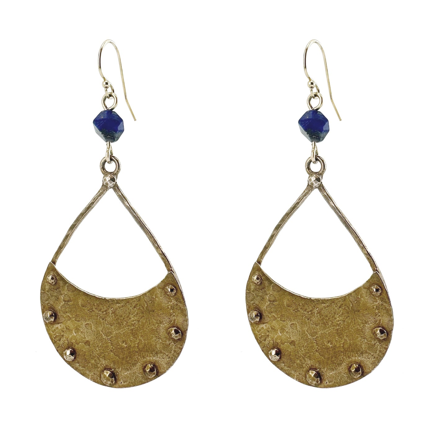 Pair of gold earrings with blue beads on a white background