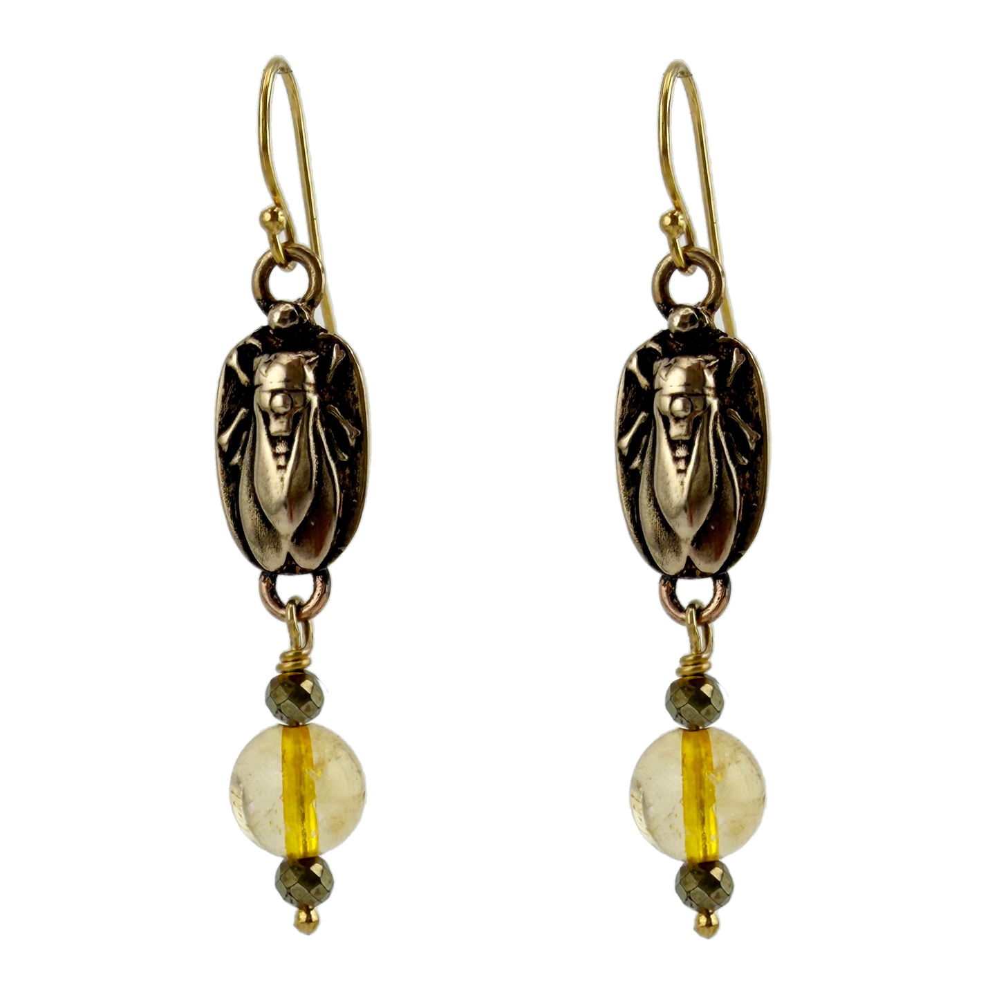 
                  
                    Cicada Earrings in Bronze with Citrine and Pyrite
                  
                