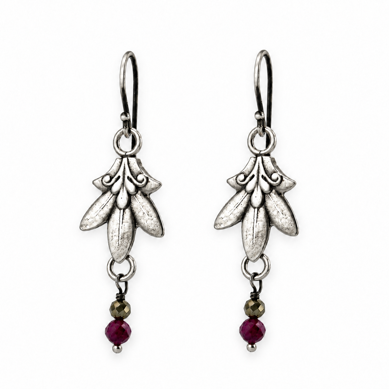 
                  
                    ACANTHUS Pickle Fork Earrings - Silver with Ruby Zoisite and Pyrite
                  
                