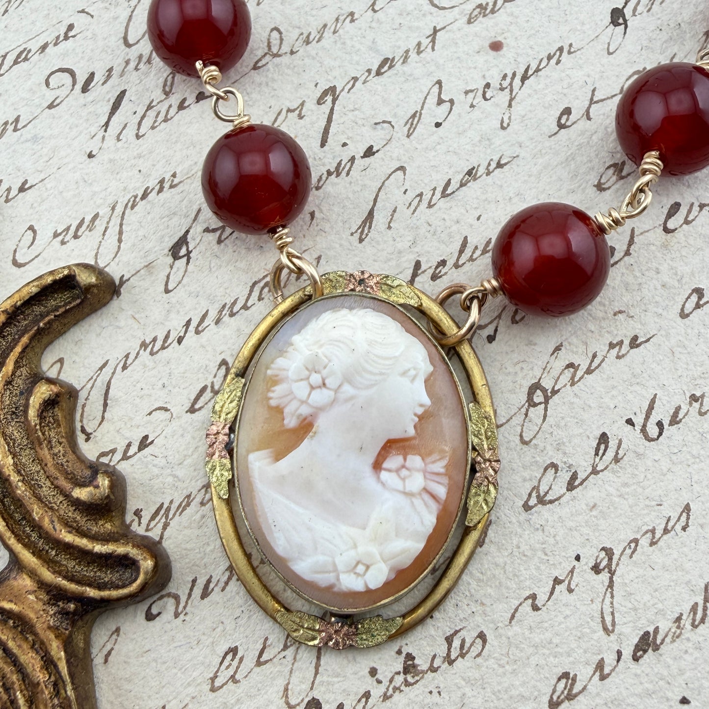 
                  
                    Antique Shell Cameo Choker with Carnelian Gemstone
                  
                