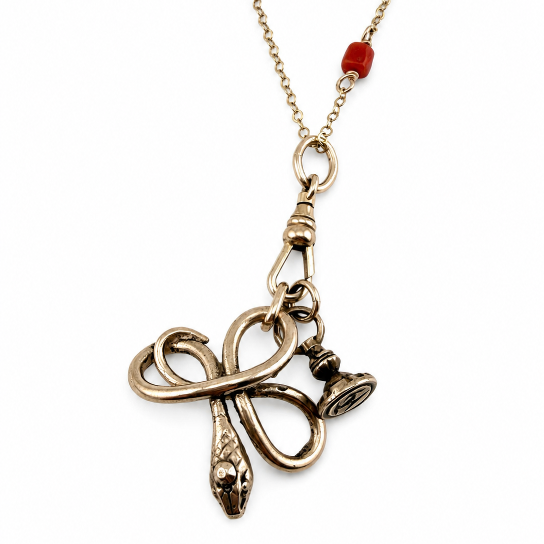 
                  
                    SERPENT Charm Necklace in Bronze with Mediterranean Coral
                  
                
