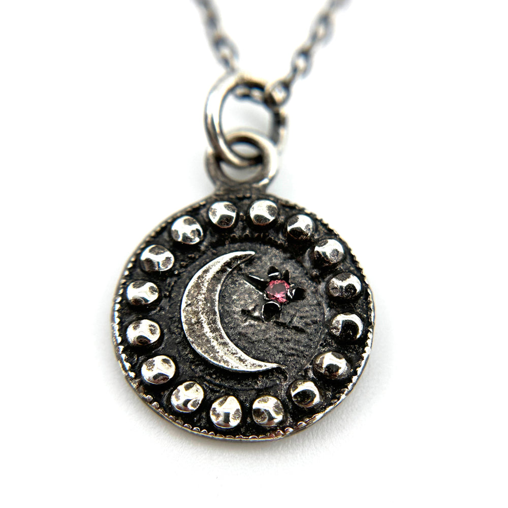 Petite MOON Necklace - Silver with Pink Sapphire