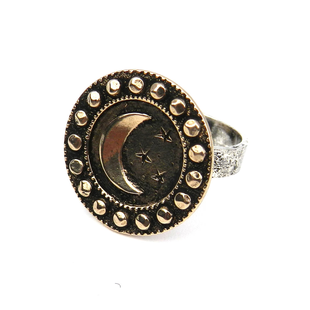 LARGE MOON Antique Button Statement Ring - MIXED METAL