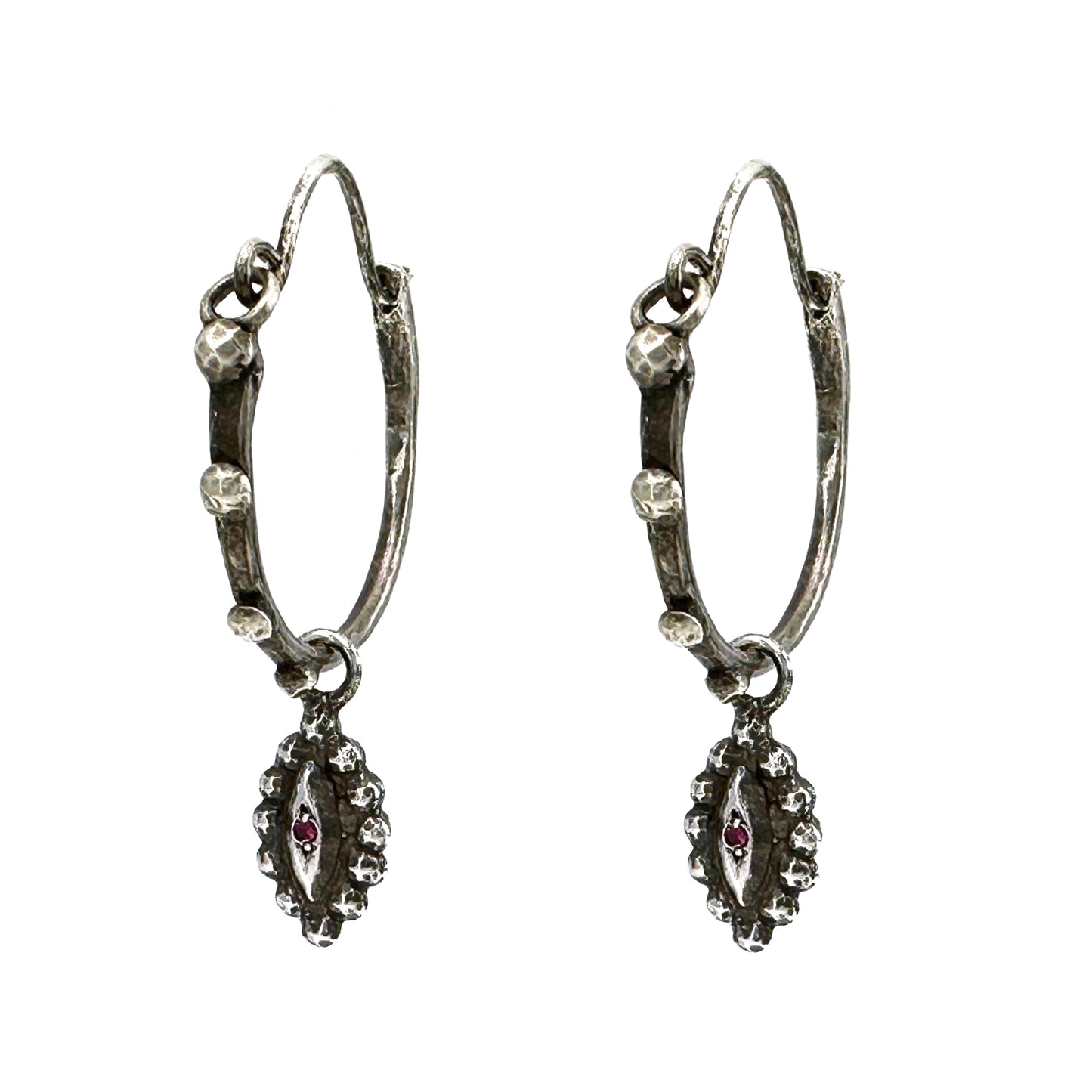 SIGHT Riveted Midi Hoops - Silver and Ruby