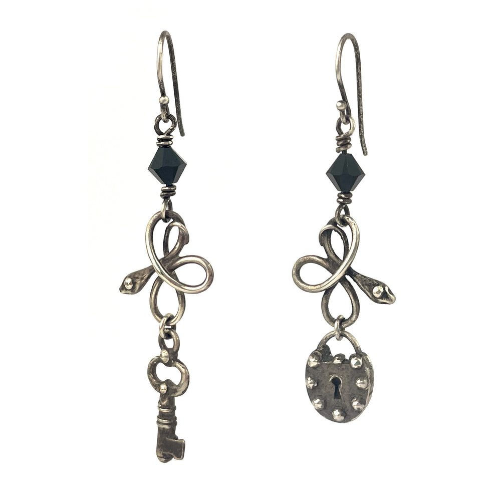 
                  
                    Lock and Key Charm Earrings - Black Crystal in SILVER
                  
                